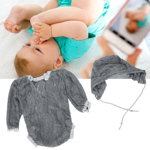 Babyfotografering Jumpsuit Fotorekvisit Hat Spidsoutfit Kostumesæt til Nyfødt Grå