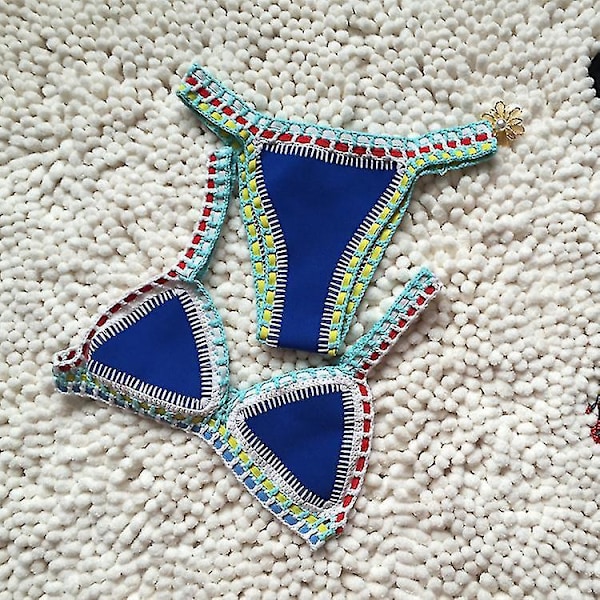 Blå Neoprene Boho Style Virkad Stickad Bikini Baddräkt för Kvinnor