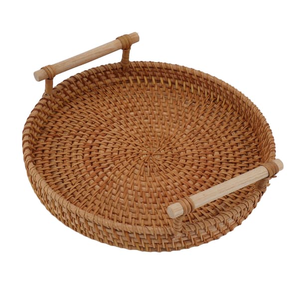 Rattan Fruit Tray with Solid Wood Handle Exquisite Hand-Woven Round Serving Tray for Storage Display Bread Fruit M