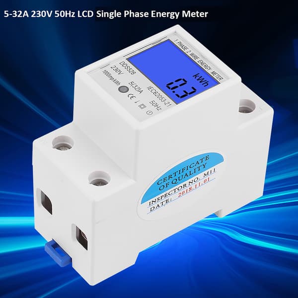 5‑32A 230V 50Hz LCD-display Enkeltfaset Energimåler DIN-skinnemontering DDS528
