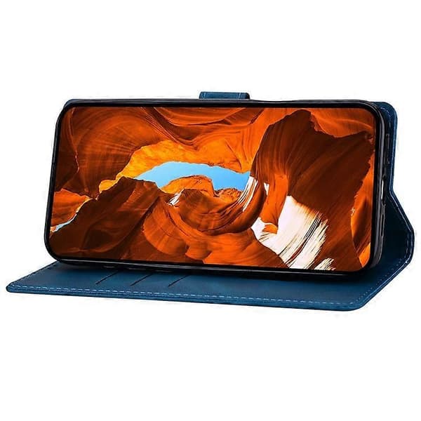 Kompatibel med iPhone 16 Plus læderetui præget ternet pung etui med stativ og foldbart låg Blue