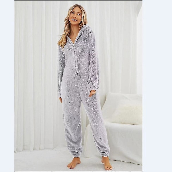 Vintervarm fleece-jumpsuit i pysjamas for kvinner | Ensfarget glidelås-pysjamas
