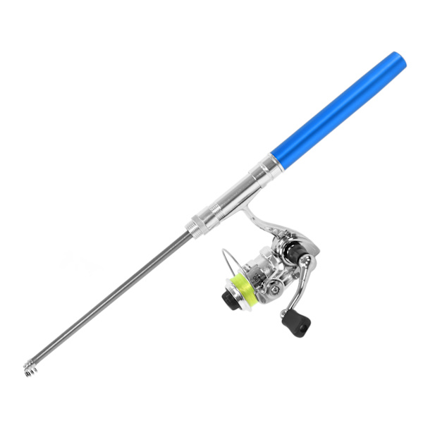 Portabel Mini Pen Shape Fiskespö Stångficka Infällbart fiskespö med rullehjul Blå