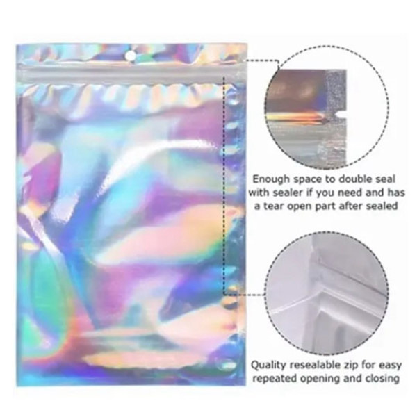 100 st hologram cellofan självförslutande påse 9 x 12 cm iriserande blixtlåslåspåse för godiskex