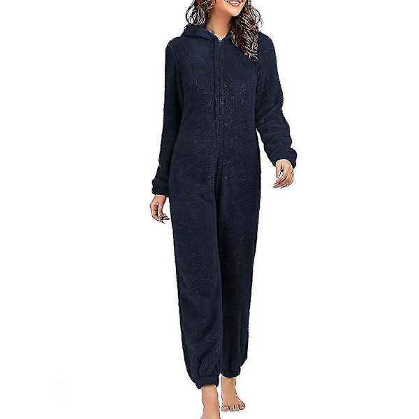 Vintervarm langarmet fleece-jumpsuit-pysjamas - Dame Mørkeblå