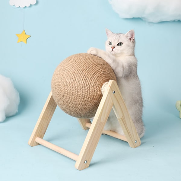 Katt skrapa boll på stativ Interaktiv massivt trä scratcher husdjur leksak med sisal rep V-formad S