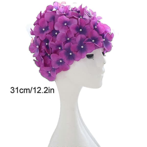 Badehette med kronblader, retro 3D-blomstermotiv, badehette med blomster, bra purple