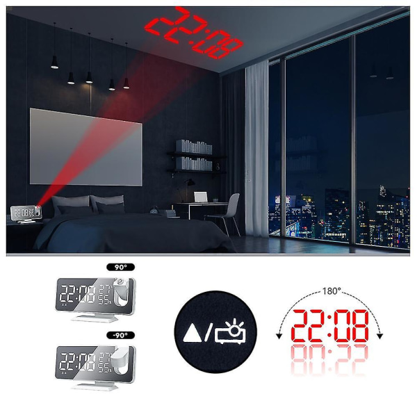 Projektionsvækkeur til loft i soveværelset Digitalt vækkeurradio med USB-opladerporte, 7,3" stor LED-skærm vækkeur, 4 lysdæmpere, dobbeltalarm C