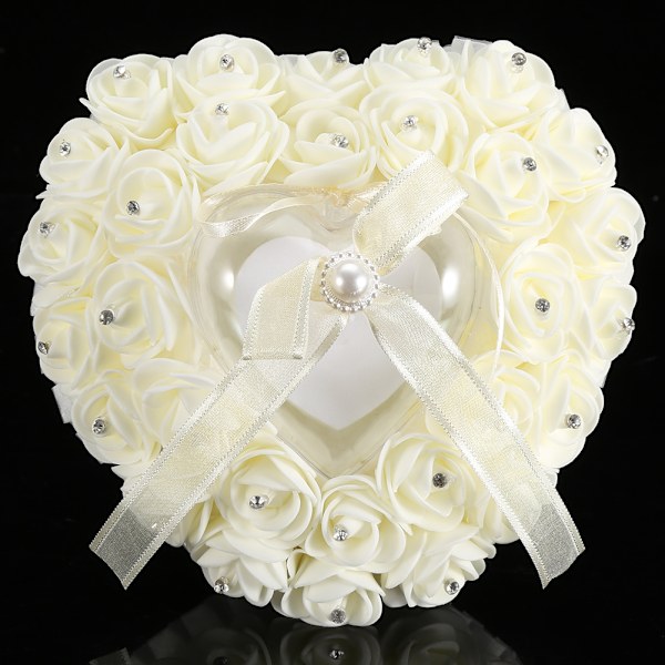 Romantisk Hjerteformet Bryllupsring Æske Rose Rhinestone Dekoration Ring Pude (Beige)