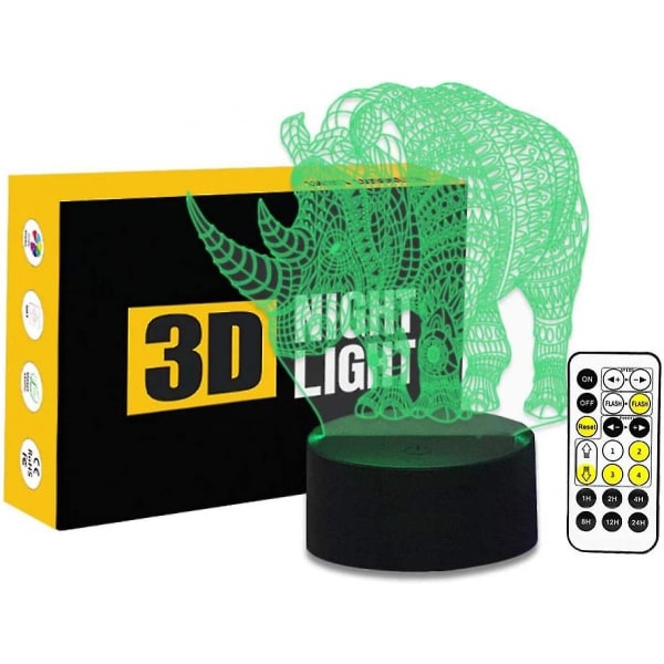 Söta noshörningar 3d optisk illusion 7 färger Ändra timing Fjärrkontroll och pekknapp LED nattljus