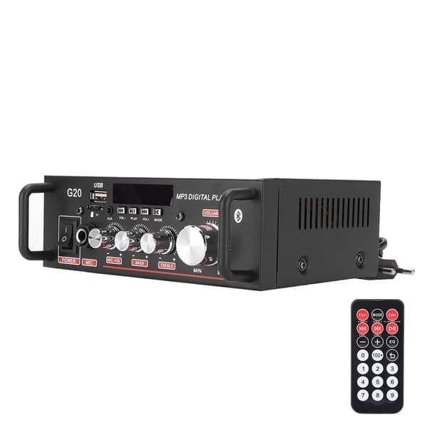 2-kanals effektforsterker Mini Bluetooth USB/FM Smart Digital med fjernkontroll EU-plugg 220V