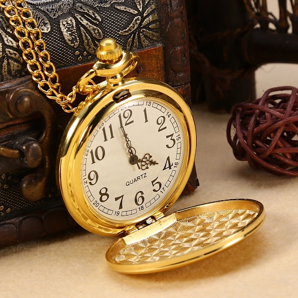 Klassisk Quartz Analog Smooth Pocket Watch Halsbandshänge med kedja guld