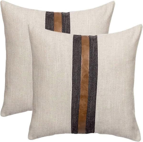 Sæt med 2 udendørs læderpudebetræk, beige patchwork, linned, brunt kunstlæder, pudebetræk til sofa, beige 30x30 cm