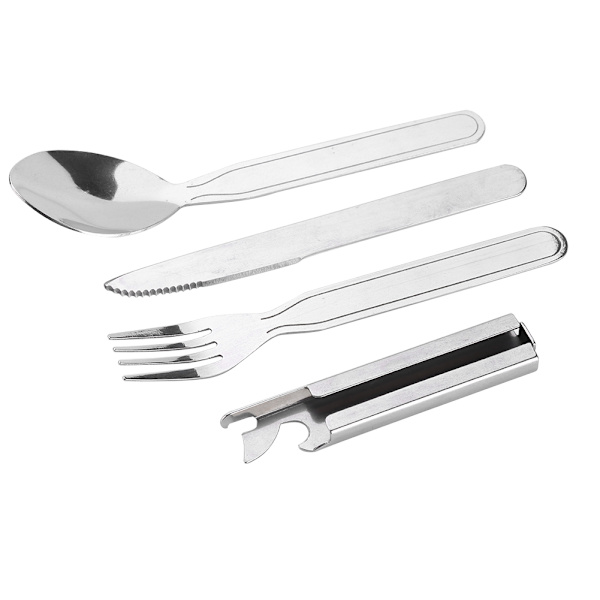 4 stk/sett rustfritt stål bestikk gaffel skje kniv og flaskeåpner for camping piknik