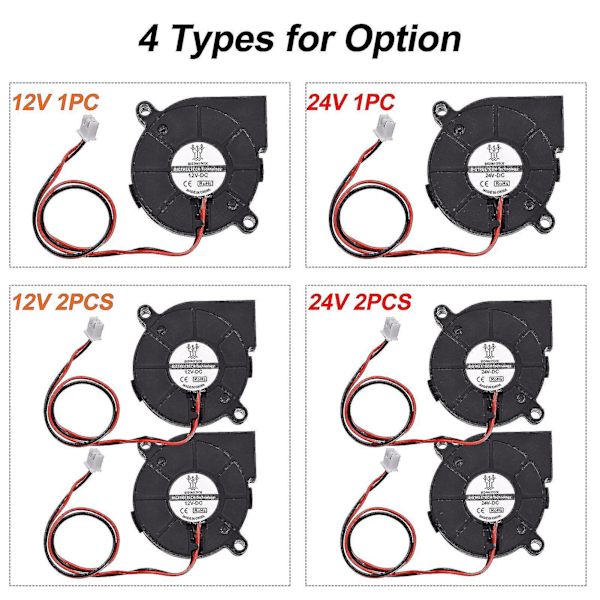 Kylfläkt 50x50x15mm 12V/24V Borstlös Fläkt Fläkt 2-stiftskontakt för 3D-skrivardelar - Set om 2