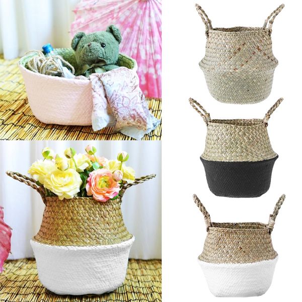 Foldbare Opbevaringskurve Vaskelinje Patchwork Hjem Seagrass Belly Have Blomsterpotte Kurv