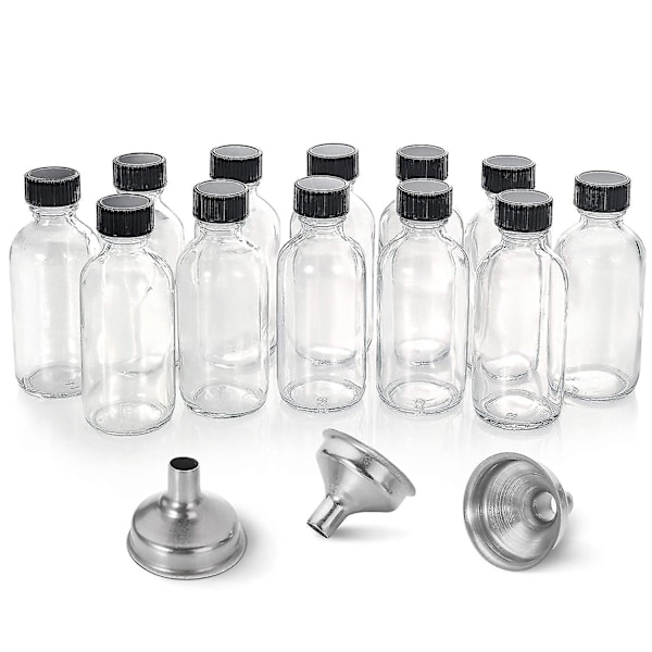 Små klare glassflasker med lokk (60 ml) - Sett med 12 med 3 rustfrie trakter