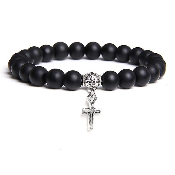 Naturlig svart onyx pärlor armband mode vulkanisk lava pärlor religion kors hänge charm armband för kvinnor män yoga smycken Type 12