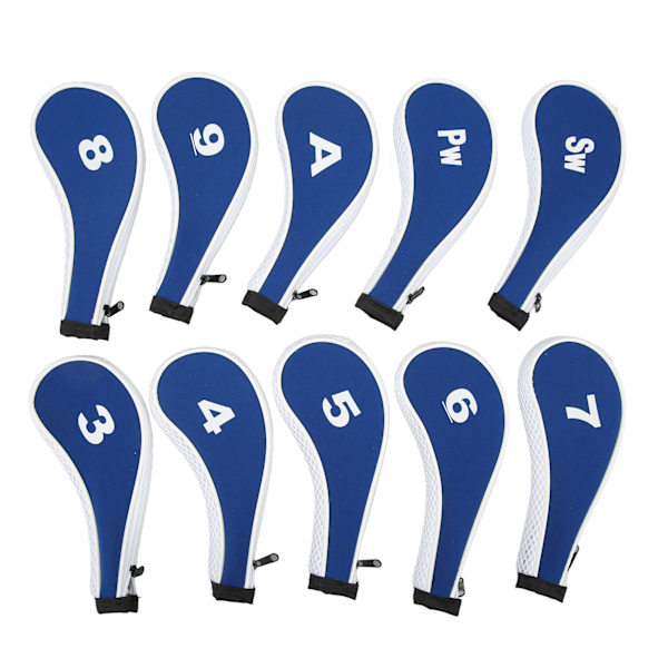10 st Golf Iron Head Cover med nummertryck Neopren Dragkedja Golf Club Irons Covers Royal Blue Vit Dragkedja
