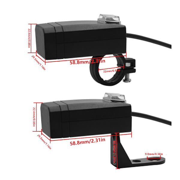 12-24V Universal Motorsykkel Mobiltelefonlader med Bryter Dobbel USB QC3.0 Hurtiglading