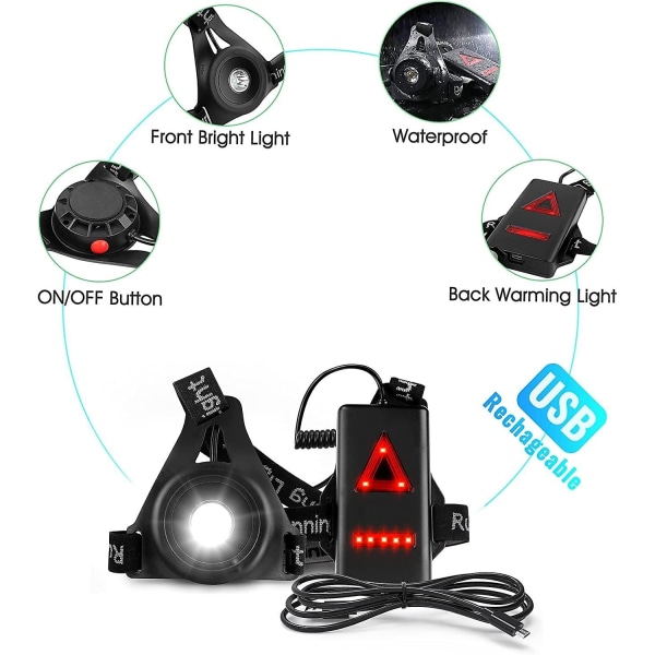 Løbelys, 3 modes USB genopladeligt kropslys med baglygte og justerbar rem til natløbere Joggere Vandreture Camping