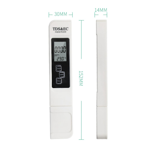 TDS EC Meter Bärbar Kompakt LCD-skärm 3 i 1 TDS EC Temperatur Vattenkvalitet Testpenna för Aquarium Swimming Pool Vit