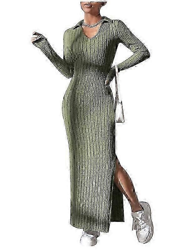 【LD】Dame Crewneck Pullover Sweaterkjole Slim Fit Strikkede Bodycon Kjoler Green M