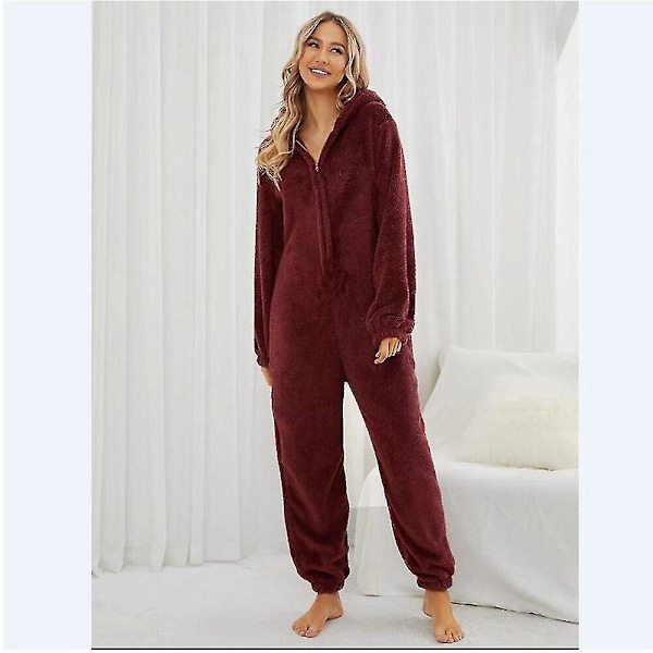 Naisten pitkähihainen fleece-haalari, talvi, lämmin, XL - Viininpunainen