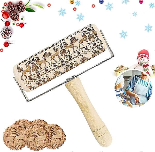 Julekjevle i tre, Trekjevle for baking av pregede kaker, 3D-trekjevle, Preget kjevle, Gravert kjevle