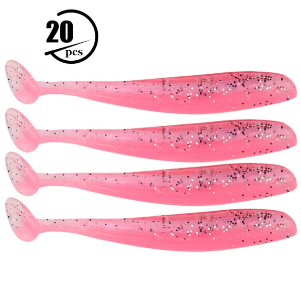 20PCS 7.5cm Soft Plastic Fishing Lures t tail Grub Worm Baits Fish Tackle Accessory(Pink)