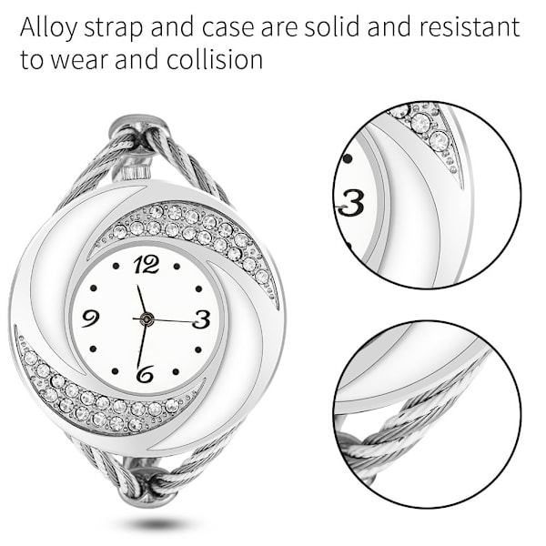 Geekthink Rhinestone Quartz Analog Watch Open Bangle Alloy Case Armbandsur Silver White