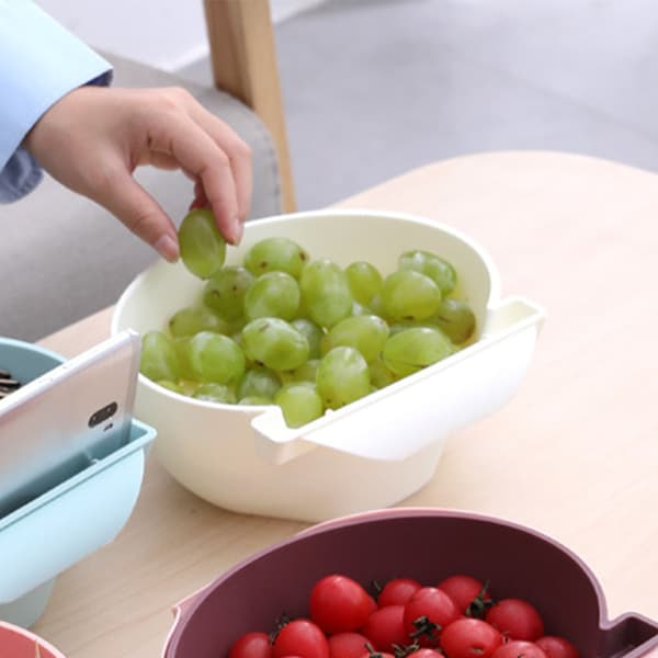 Colander Bowl 2-Layer Fruit Drain Basket Plastic with Phone Holder for Kitchen Food White