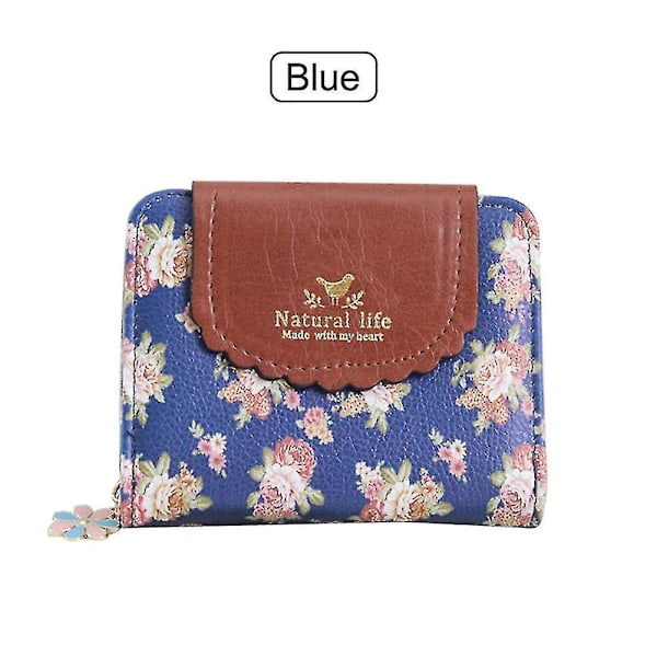 Blommig Vintage Blå Plånbok Handväska för Kvinnor - Kort Design med Spänne Dragkedja