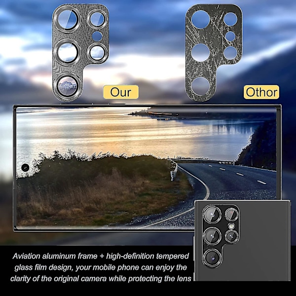 3-pak Kameraobjektivbeskytter til Samsung Galaxy S23 Ultra 2023, Metal + Hærdet Glas, Ridsefast HD-dækning, 9H Glas, Sort