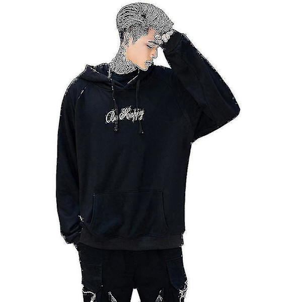 Smile Face Tryckt Herr Långärmad Hoodie Pullover Topp Svart