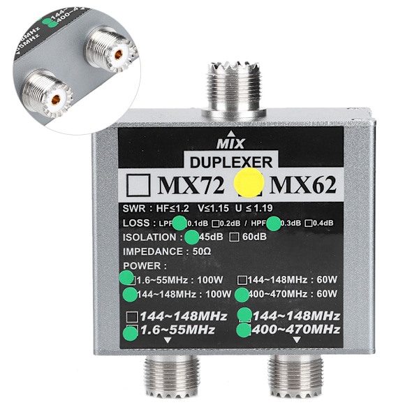 MX62 VHF/UHF-duplekseri 144-148 MHz 400-470 MHz Eri taajuuksia sisäantenniyhdistimelle