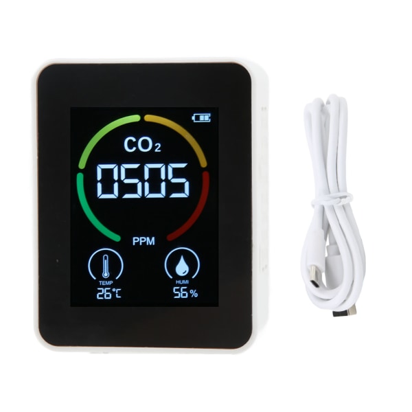 CO2-detektor, kuldioxidmonitor, infrarød luftkvalitetsmonitor, sensordetektor med temperatur- og fugtighedsregistrering, hvid