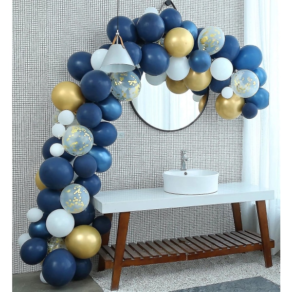 Marinblå ballonger 121 st Garland-kit & konfettiballonger, metalliskt guld, vit latexballong, bindverktyg, dekorationsremsa, spetsklistermärken, blomklämmor