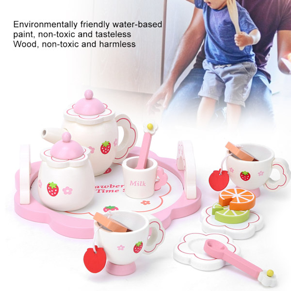 Träservis med hög simulering av teserviser Låtsas rollspel Kid Educational Toy Set Pink Teaware