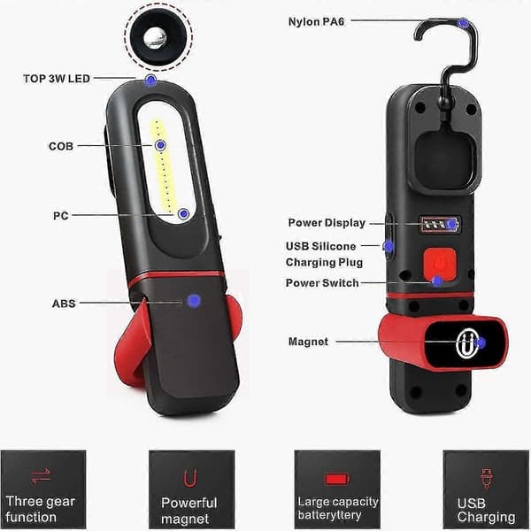 Genopladelig LED-arbejdslampe, 5w Cob-frontinspektionslamper med krog Red