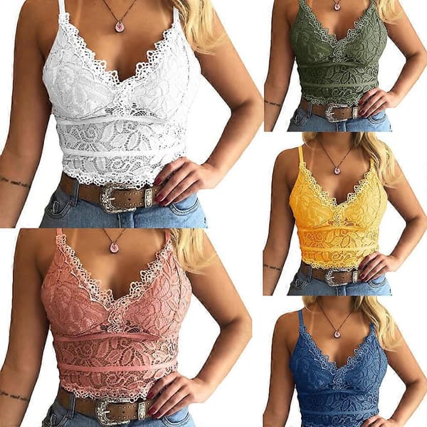 Kvinner dyp V-hals camisole ermeløse stropper slanke crop topper blondekant vest Blue S