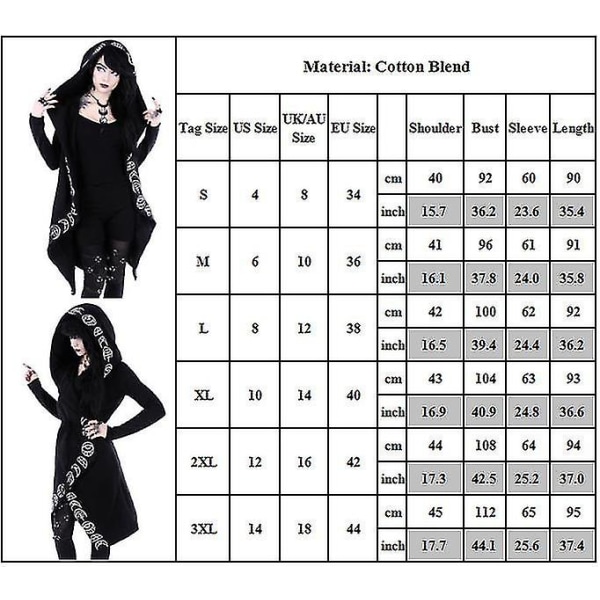 Damjacka i gotisk hoodie för damer med långärmad långärmad tröja med print i ytterkläder S
