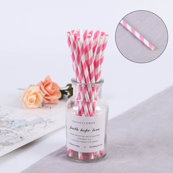 Biohajoavat paperipillit, 100 pilliä juhlatarvikkeille, syntymäpäivä, häät Light Pink Stripes