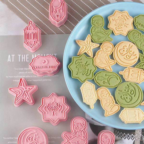 Eid Mubarak Udstikkere Sæt 3D Ramadan Stempel Kageudstikkere til DIY Kage Prægning Bageværktøj