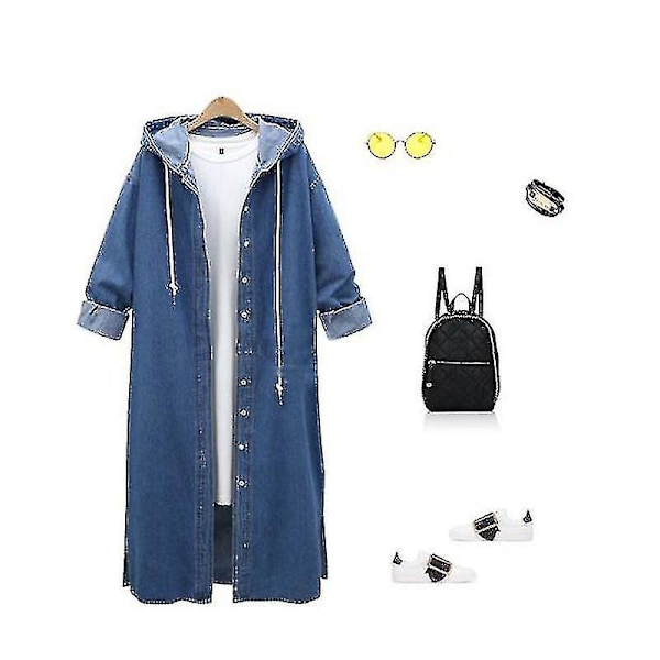 Jeansjakke med snor, trenchcoat, høstgenser, overfrakk, XL, blå
