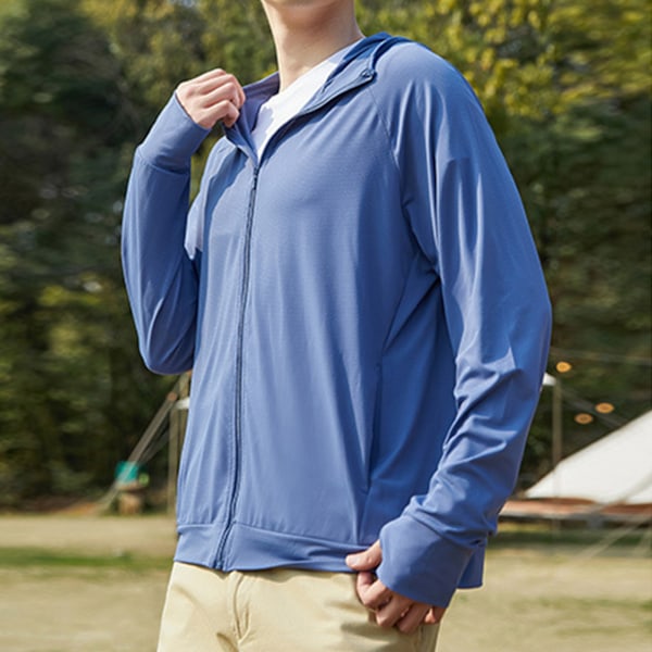 Män UPF 50+ Solskydd Lättvikts Full Zip Hoodie Jacka Långärmad Solskyddande Jacka för Fiske Vandring Utomhus Blå XL