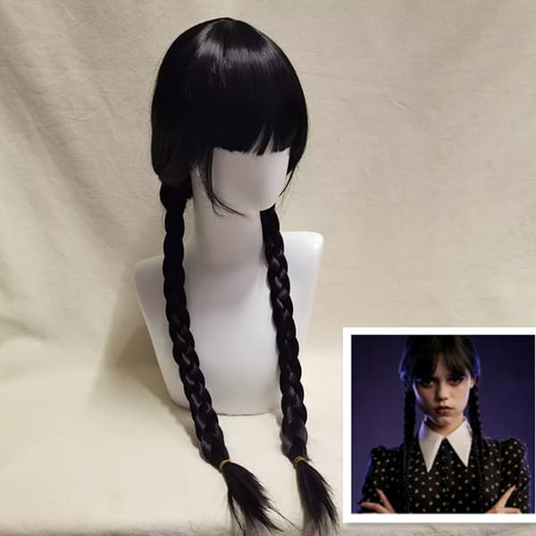 Cosplay-peruukki, pitkä musta punottu peruukki otsatukalla Black