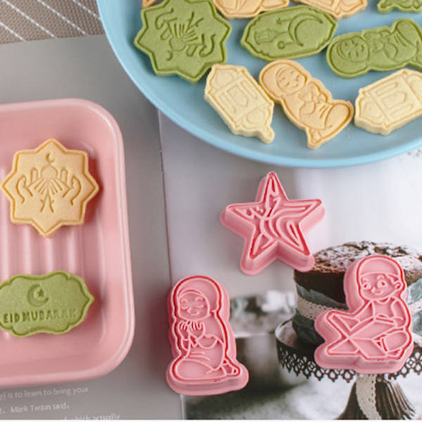 Eid Mubarak Udstikkere Sæt 3D Ramadan Stempel Kageudstikkere til DIY Kage Prægning Bageværktøj