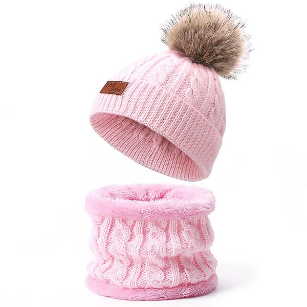 Toddler och mössa Set Vinter Twisted Double Pompom Stickad Hat Pink