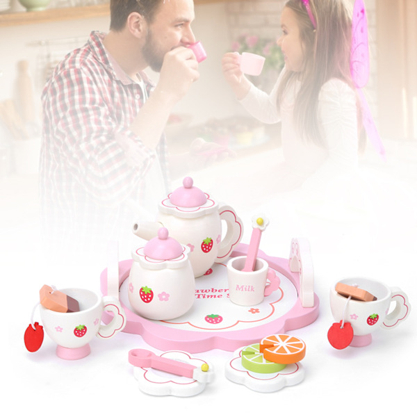Träservis med hög simulering av teserviser Låtsas rollspel Kid Educational Toy Set Pink Teaware